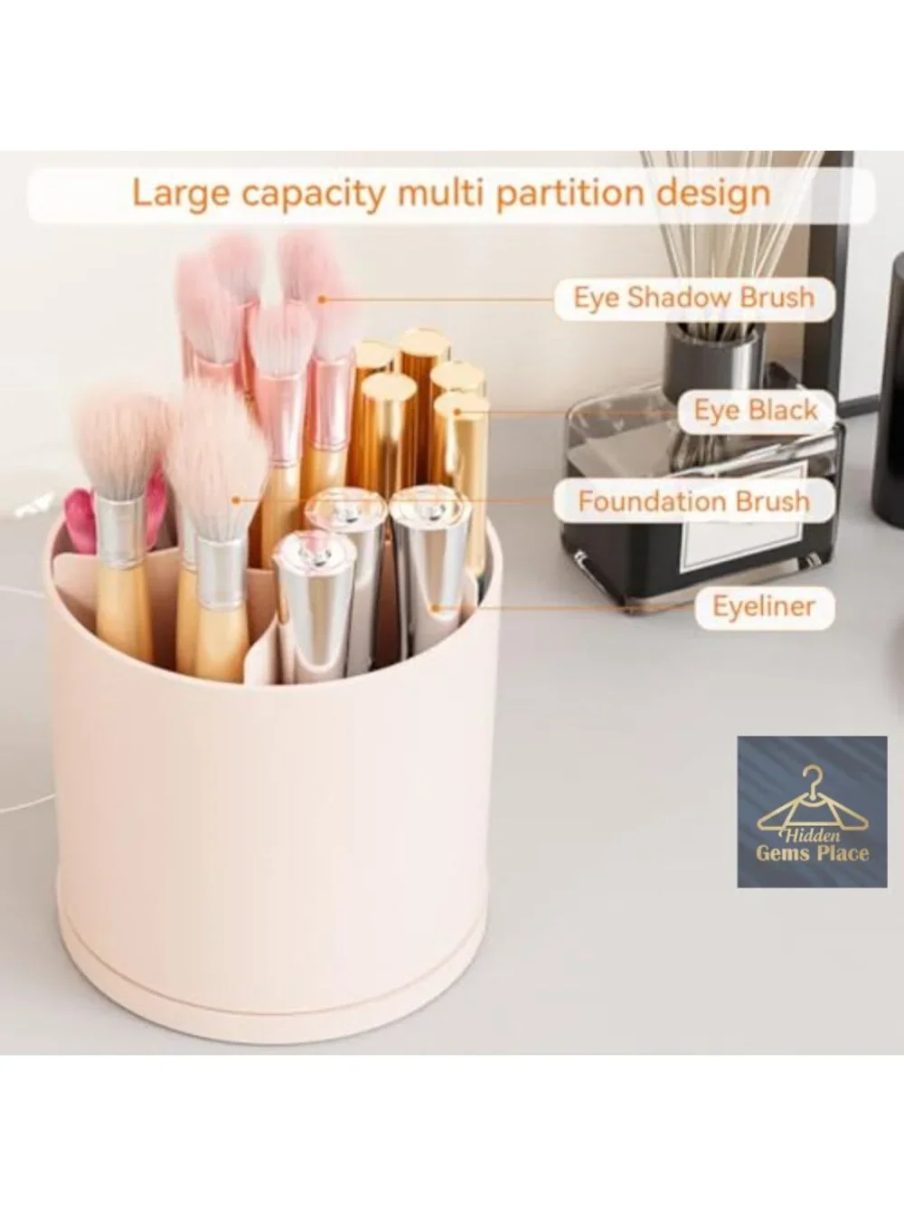 Rotating Acrylic Makeup Brush Holder with Lid, 6 Compartments Spinning Cosmetic